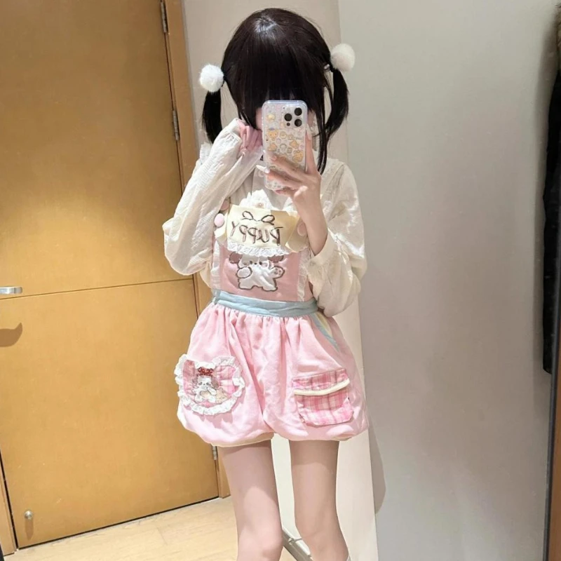 

Japanese Sweet Lolita 2 Piece Sets Women Cute Peter Pan Collar Shirts Cartoon Embroidery Overalls Short Pants Kawaii Y2k Outfits