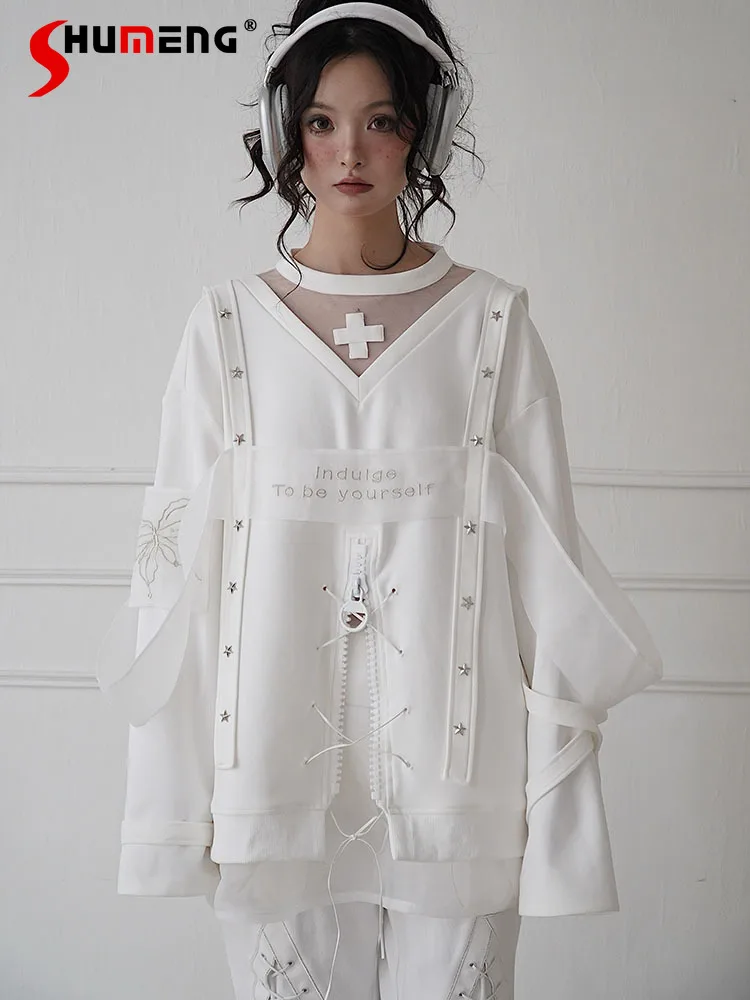 

Original Design White Embroidery Fashion Hoodies Women Harajuku Slim Elegant All-Match Sweatshirts Autumn Y2k Aesthetic Tops