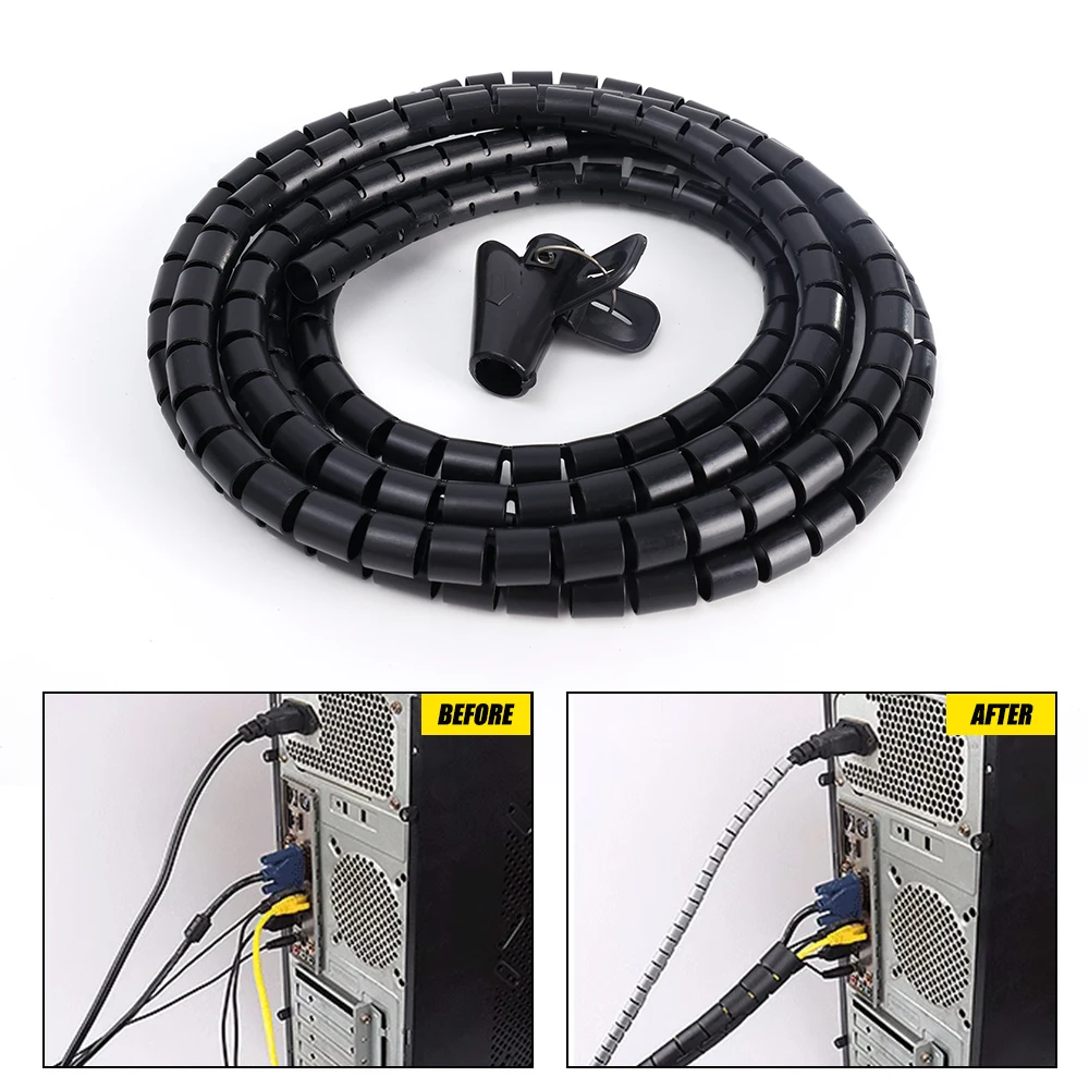 2M Flexible Spiral Cable Wire Protector Cable Organizer Computer TV Cord Wrap Protective Tube Clip Management Tools 16/10mm