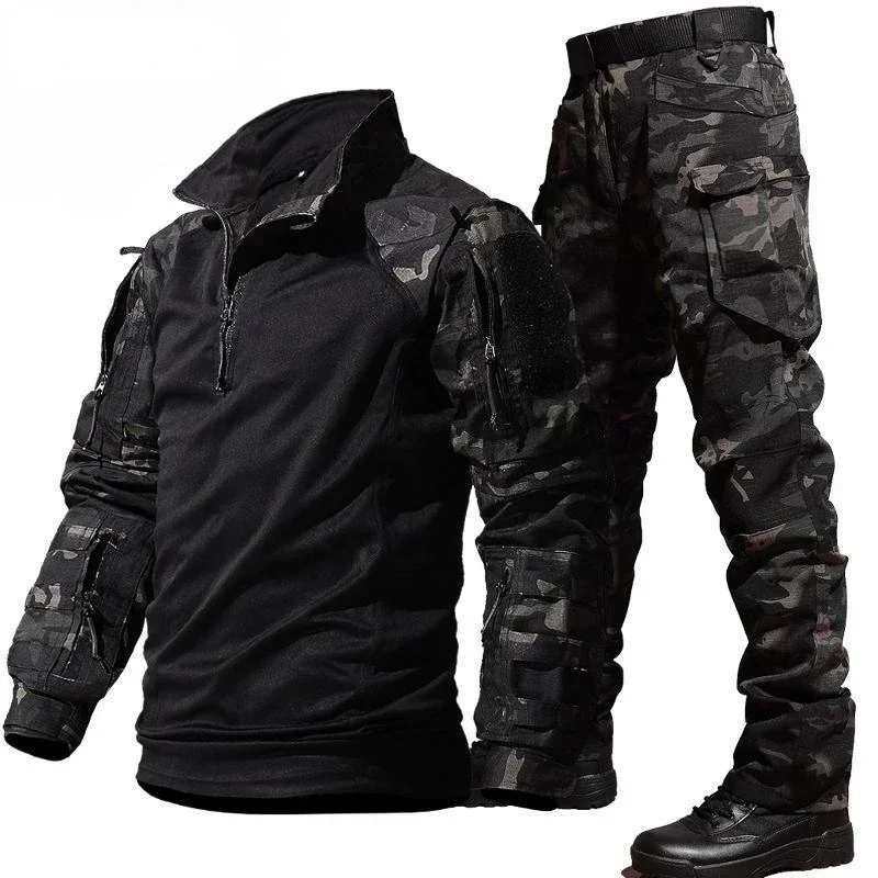 Outdoor Training Sets Wear-resistant Long Sleeve T-shirts+Multi-pocket Ripstop Cargo Pants 2 Pcs Hunting Suits Camo Tactical Set