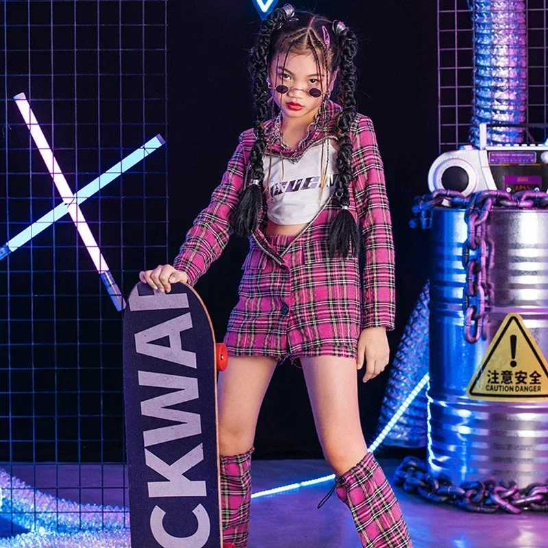 Conjuntos de ropa de Hip Hop para niñas, trajes de Jazz para escenario, ropa de calle, traje de baile Kpop para grupo de niños, Top con recorte a cuadros rosas, piernas, 2025