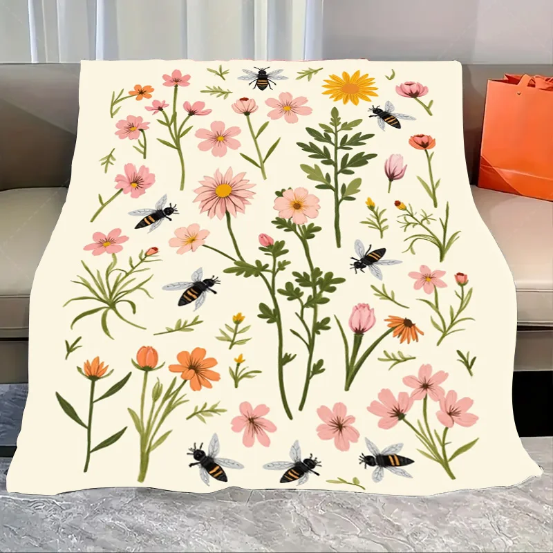 

1 шт. фланелевое одеяло шикарное мягкое одеяло с цветочным принтом пчелы для уютного домашнего декора