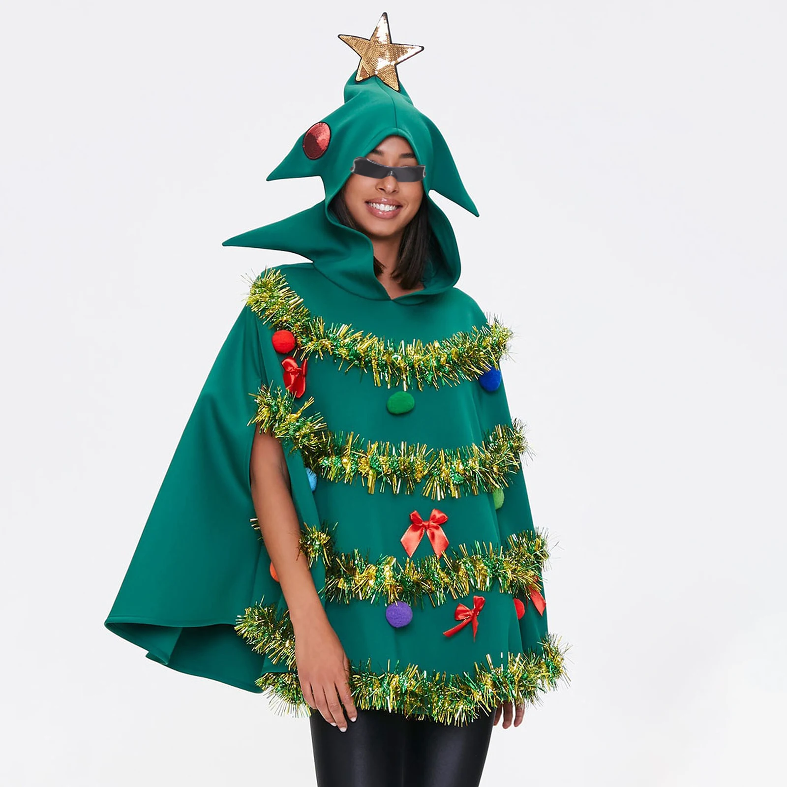 Combhasaki Christmas Tree Poncho Costume Adults Bow Ball Sequined Star Decor Hooded Cloak Cape Party Prop for Cosplay Party