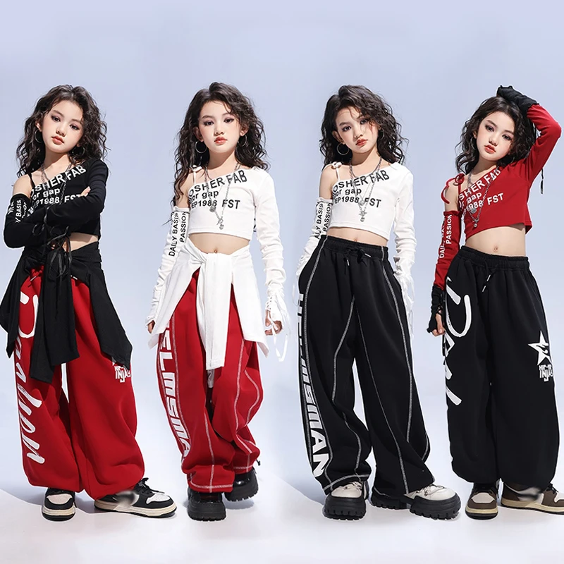 キッズヒップホップダンススーツ、ブラッククロップトップ、ジョガーパンツ、ストリートダンスウェア、ガールジャズダンス、ステージコスチューム、Kpopシャッフルパンツ、赤、2792