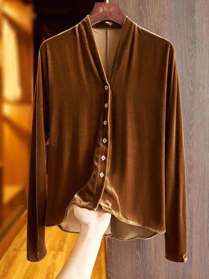 2024 Spring Autumn Golden Velvet Long Sleeve Plus size V-neck Button Cardigan Women Vintage Elegant Blouse Fashion velour Shirt