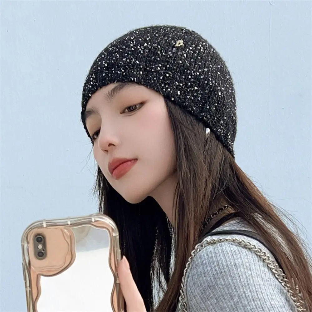 หมวกบีนนี่แฟชั่น ผูกโบว์ ประดับเลื่อม ถักไหมพรมสีดำ หมวกไหมพรมสำหรับกิจกรรมกลางแจ้ง