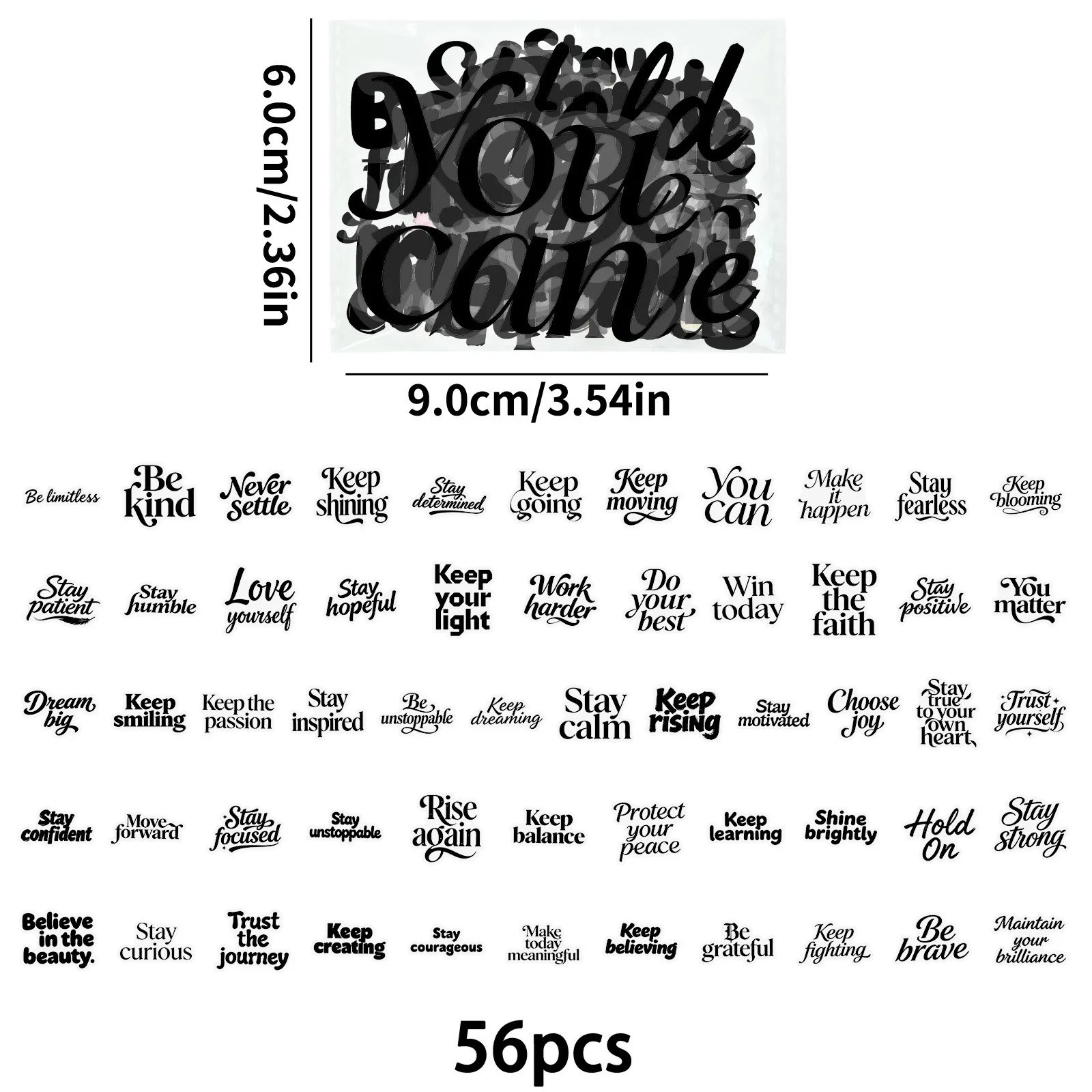 10/56 Stuks Motiverende Woorden Tekst Transparante Graffiti Stickers Zwarte Korte Zin Decoratie DIY Bagage Laptop Telefoon Gitaar