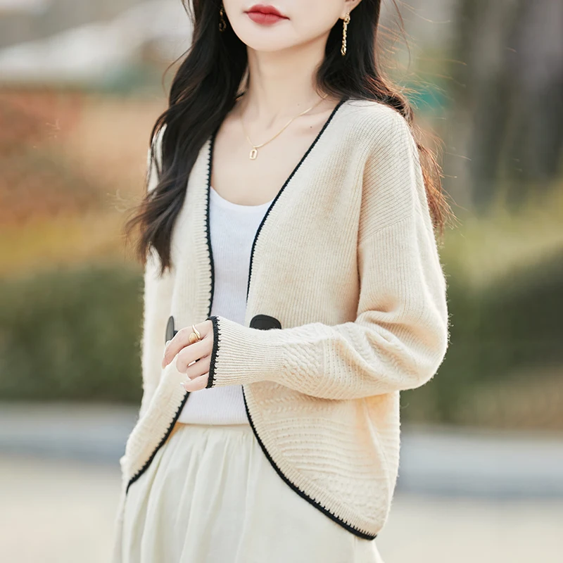 

spring new long sleeved knitted cardigan women's V-neck 100% wool sweater trendy fashion short cut hollow summer jacket sweater