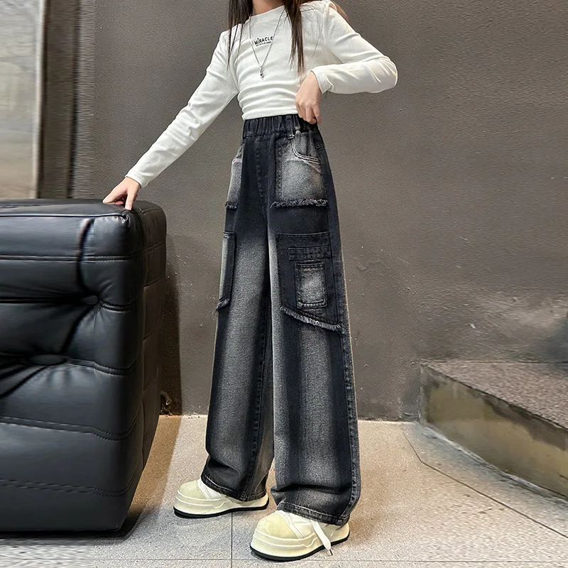 Children New Spring Autumn Straight Cut Black Jeans for Teen Girls Age 5 6 7 8 9 10 11 12 13 14 Years Kids Casual Denim Pants