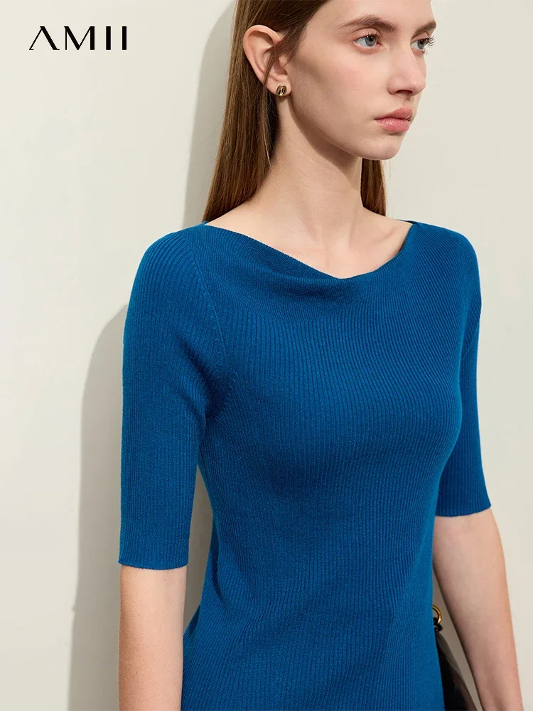 AMII Minimalism Knitwears For Women 2024 New Spring Slim Mid-sleeve Slash Neck Basics High Stretch Solid Tops Female 12421053