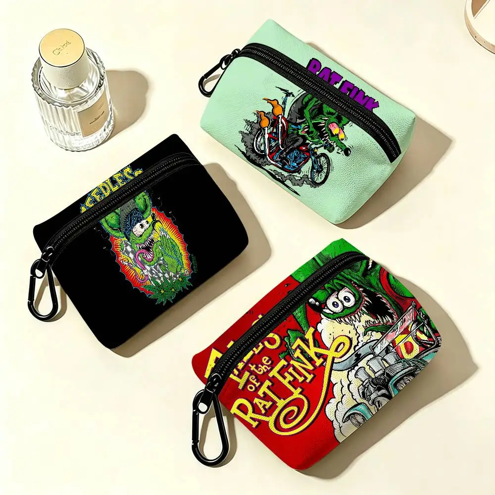 Rebellious RAT FINK Cartoon Oxford Coin Wallet Detachable Carabiner Hook Compact Storage Bag For Outdoor Shopping Accessory