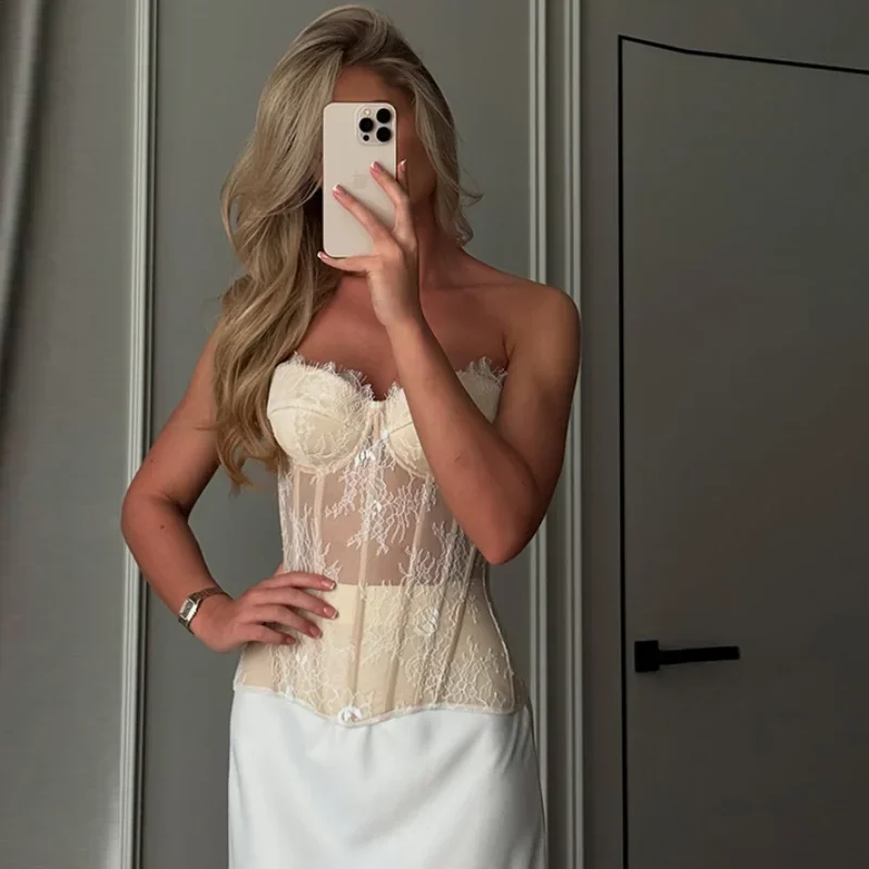 Hot Sexy Lace Strapless Corset Vest Women Slim Bandage V-neck Single Breasted Fishbone Tops 2025 Summer Lady All-match Tanks