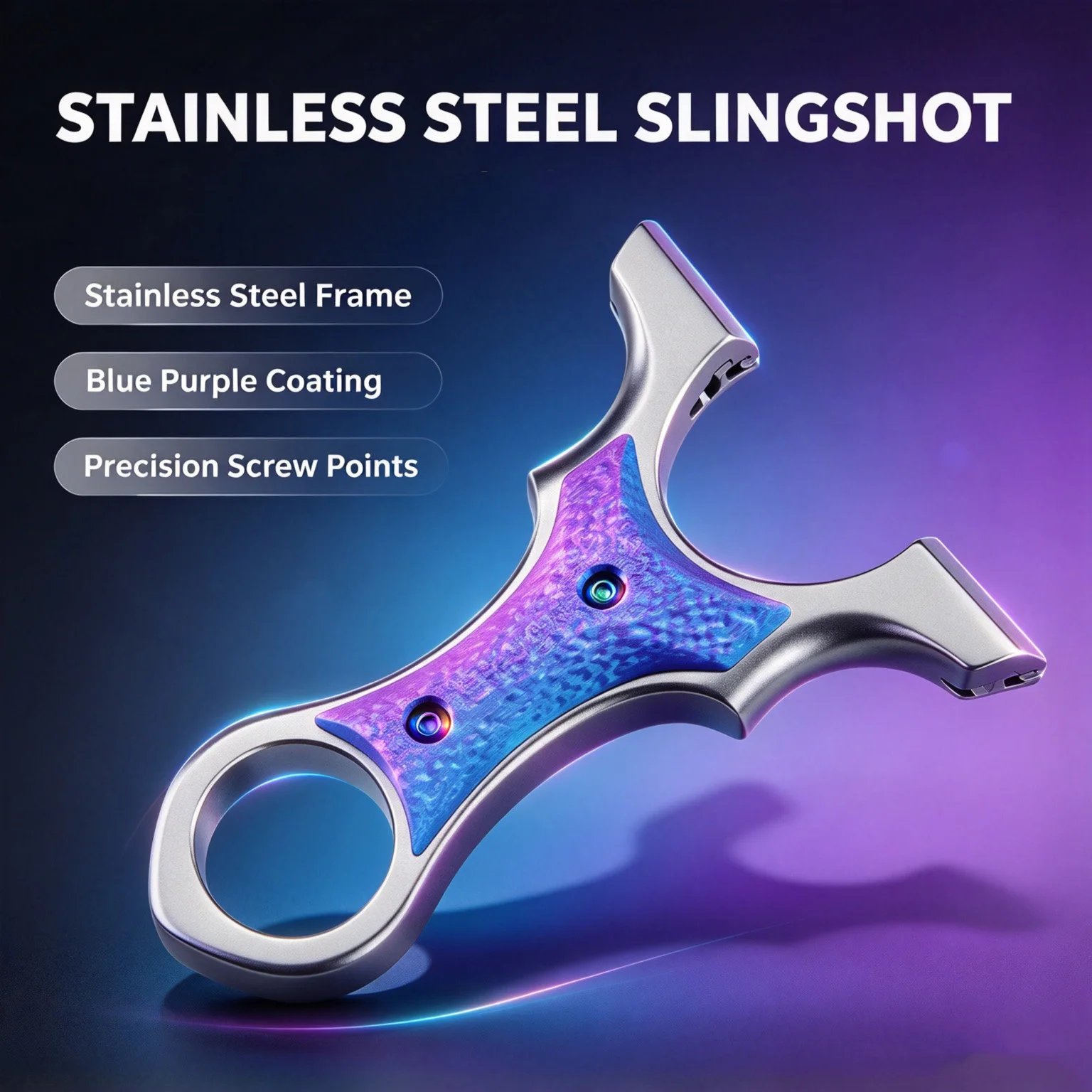 Stainless Steel Y-Shaped Slingshot with Serrated Top Clamp, Finger Ring & Textured Inlay for Outdoor Practice