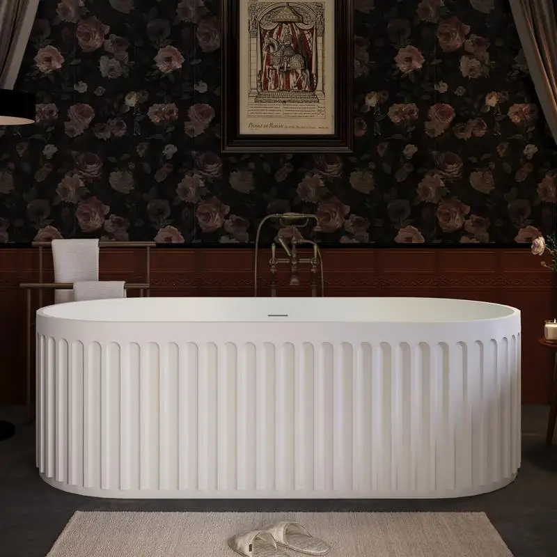 

67" Freestanding Solid Surface Bathtub, Luxury Engineered Stone Resin Soaking Tub with Overflow and Pop-up Drain, cUPC