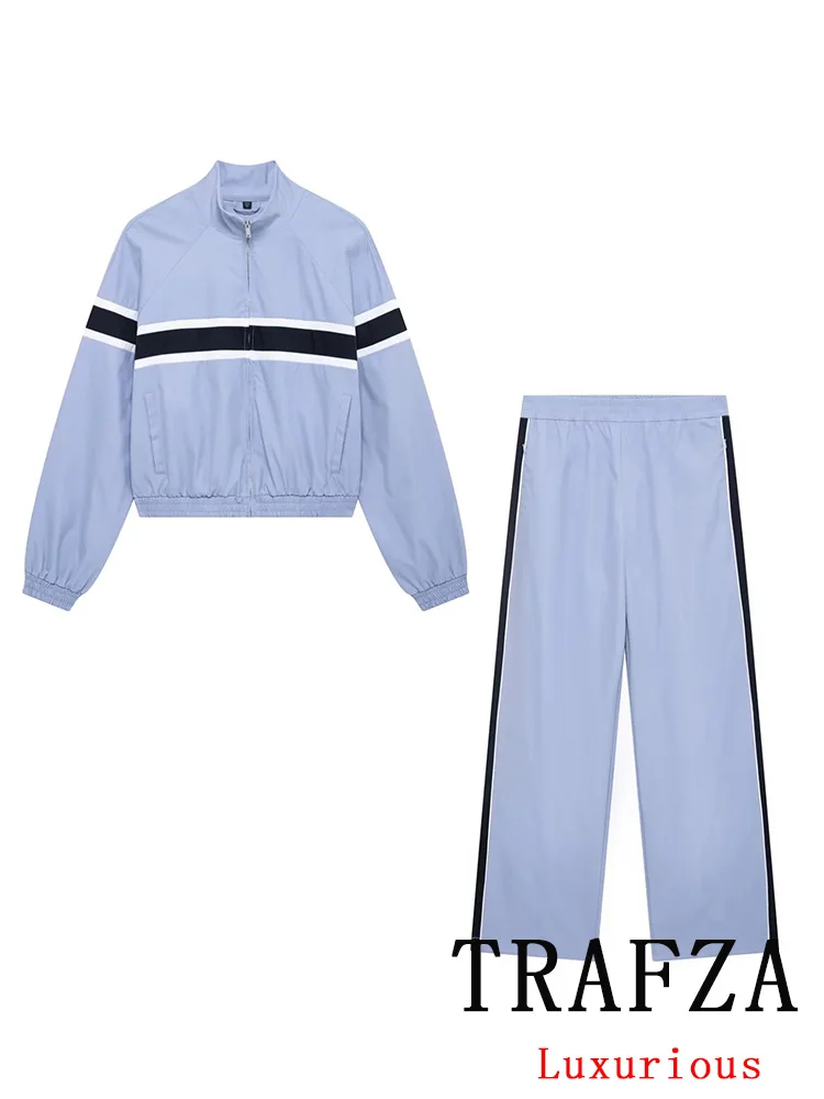 

TRAFZA Vintage Women Patchwork Suit O-Neck Zipper Pockets Jackets Straight Elastic Waist Pants Fashion 2025 Spring Holiday Sets