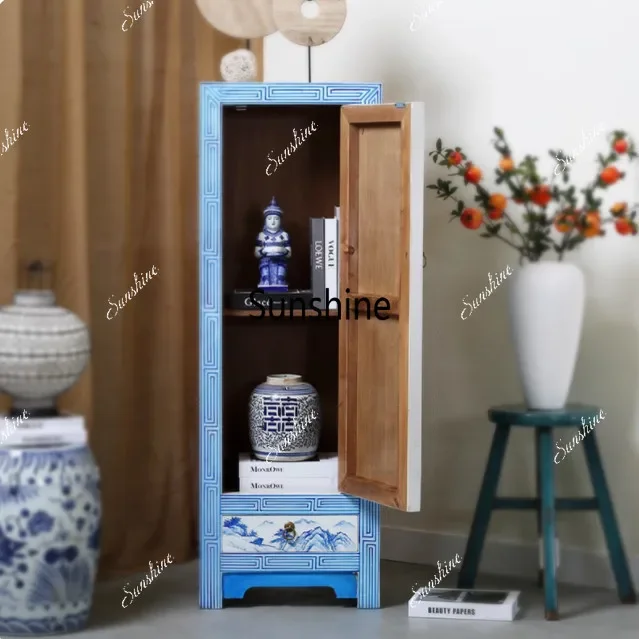 Hand-painted new Chinese-style blue-and-white corner cabinet, solid wood aged side cabinet