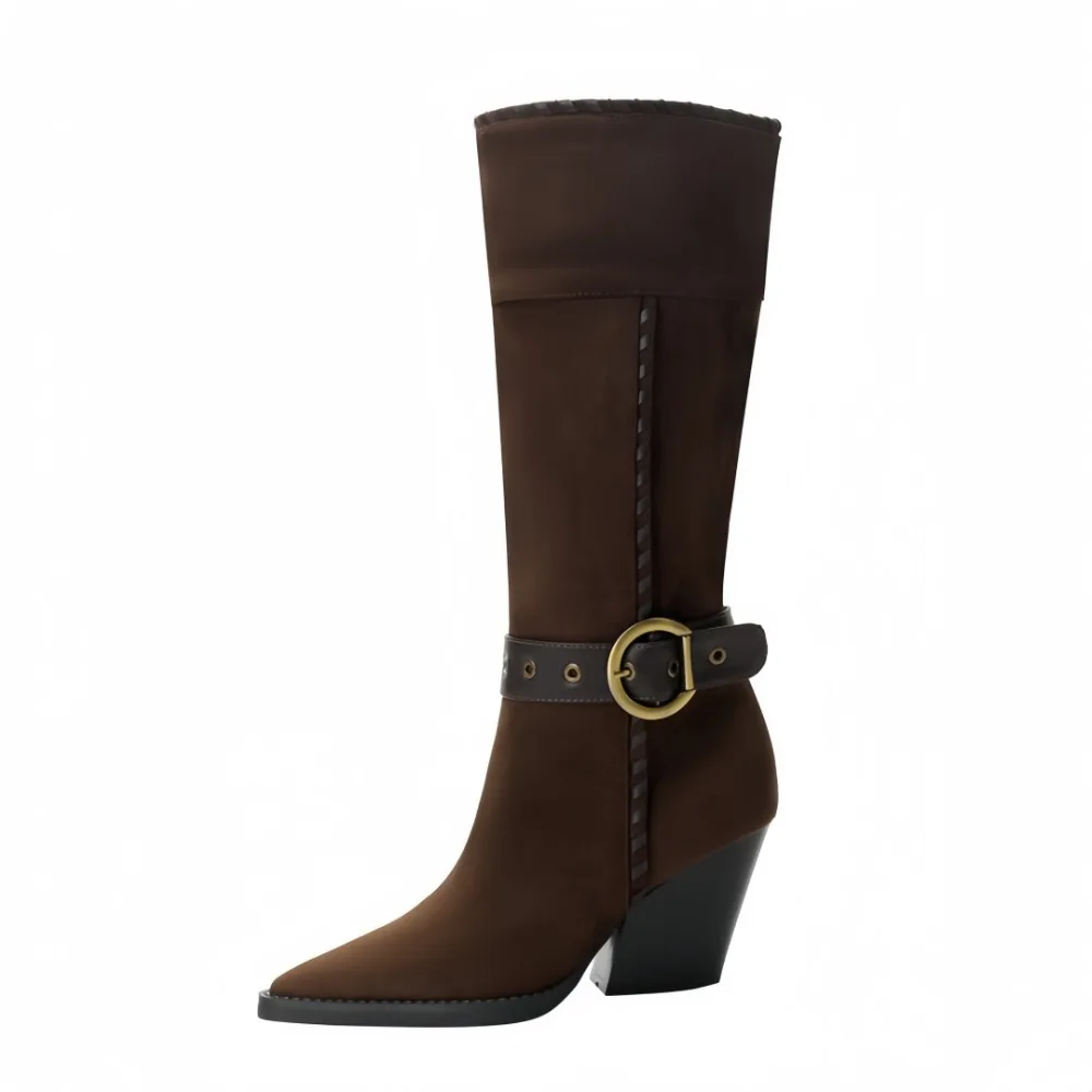 

Замшевые сапоги-ковбойки A/W в стиле ретро, 2021, с острым пряжкой и кубинским каблуком, уличная обувь для фестиваля