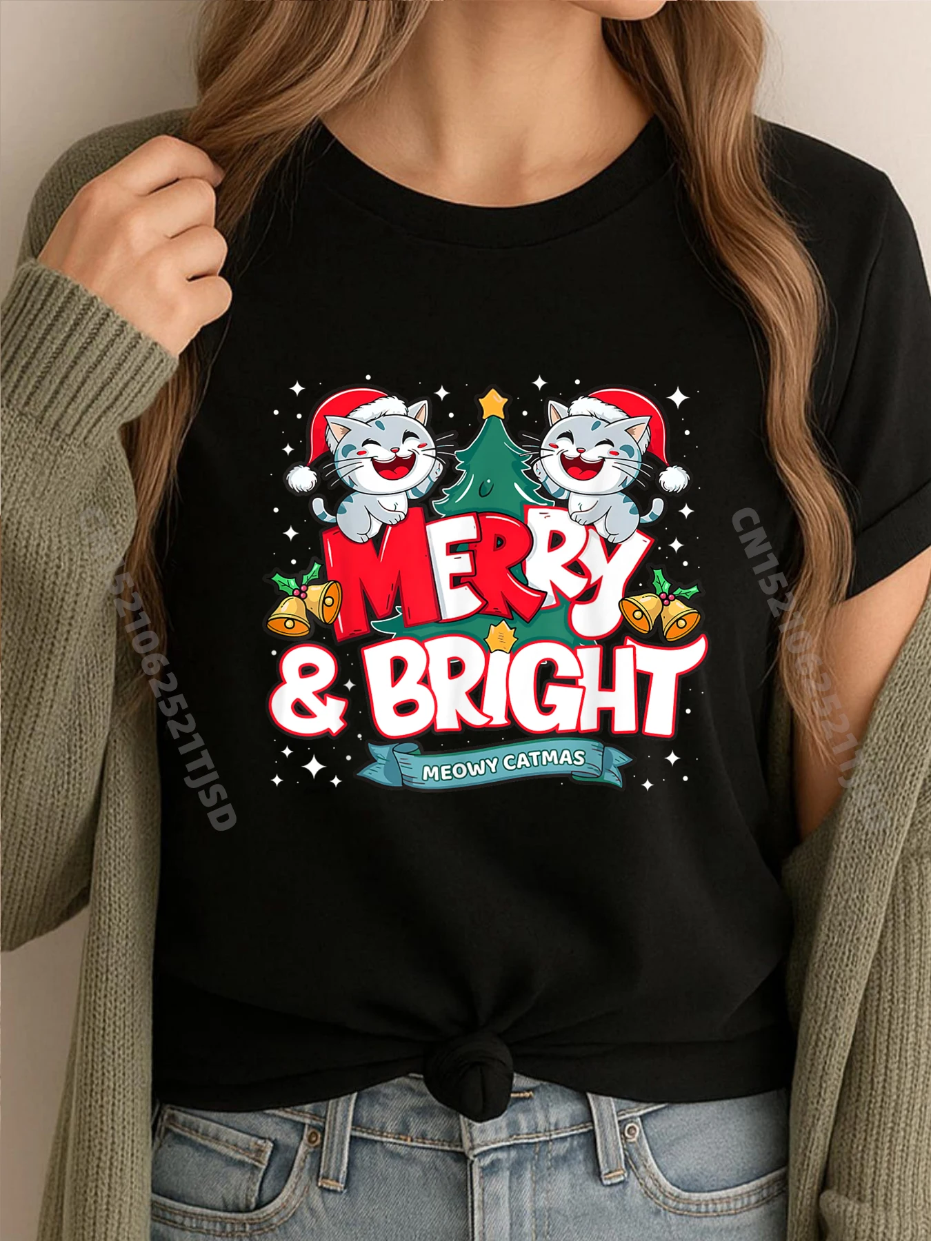 

Веселые рождественские футболки с Санта-Котями Meowy And Bright Cat Lover для женщин, бесплатная доставка, одежда, потертые топы в стиле ретро, футболки