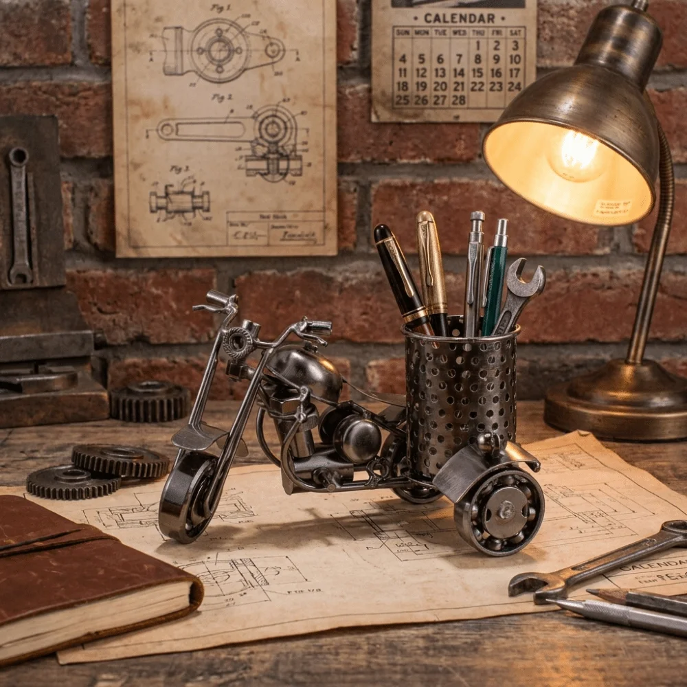 Solid Iron Material Motorcycle Shaped Pen Holder Handcrafted Detailed Outlines Distressed Vintage Finish Vintage Desk Organizer
