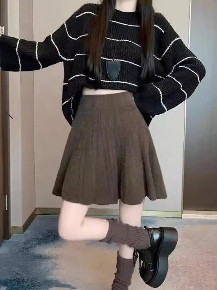 Falda corta de punto plisada para mujer, moda coreana, Retro, liso, ajustado, para Festival, Sexy, para discoteca, alta, envolvente, a la cadera, informal
