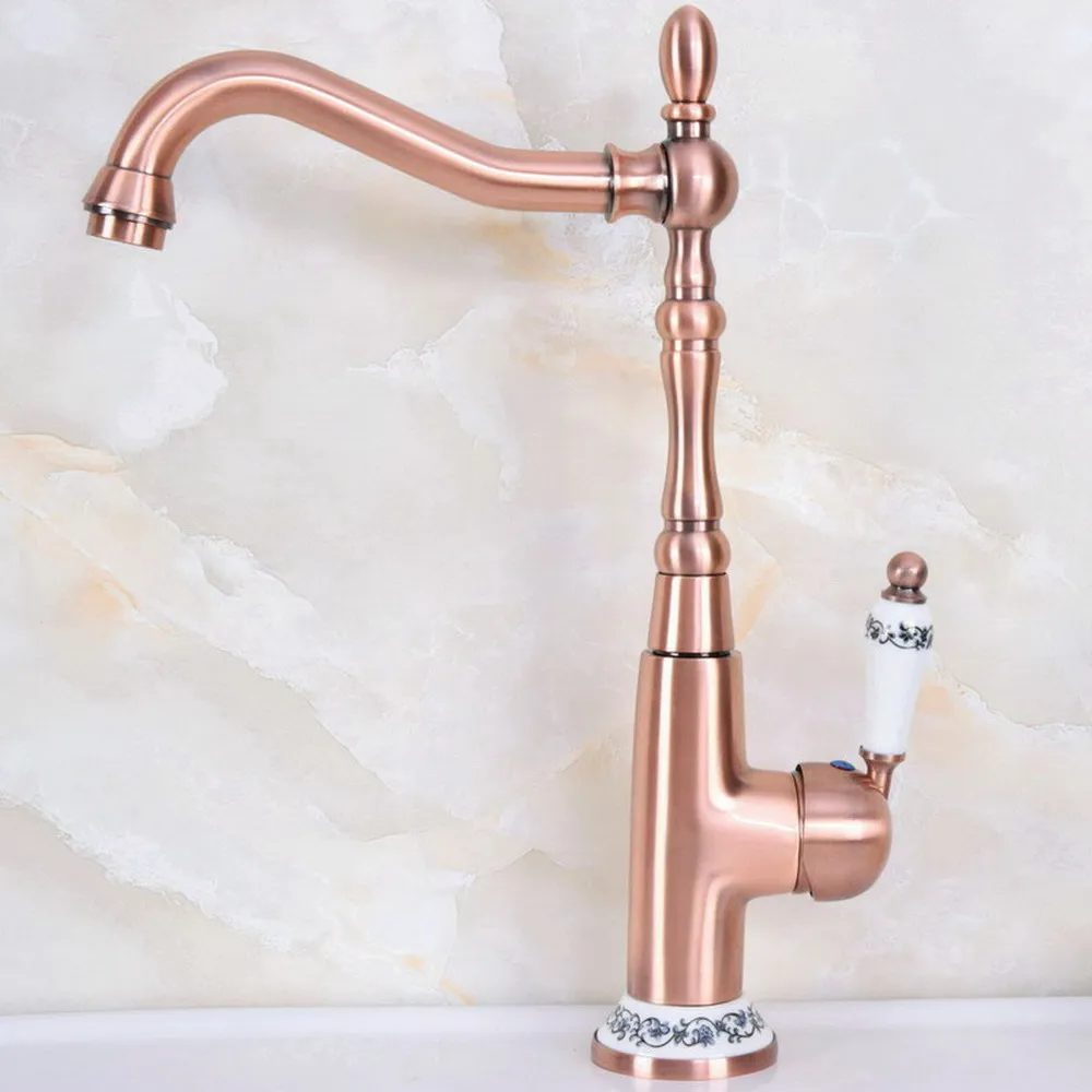 Imagem -04 - Red Copper Cerâmica Single Lever Handle Hot And Cold Mixer Tap 360 Rotation Deck Mount Banheiro Bacia Torneira da Pia Tnf624