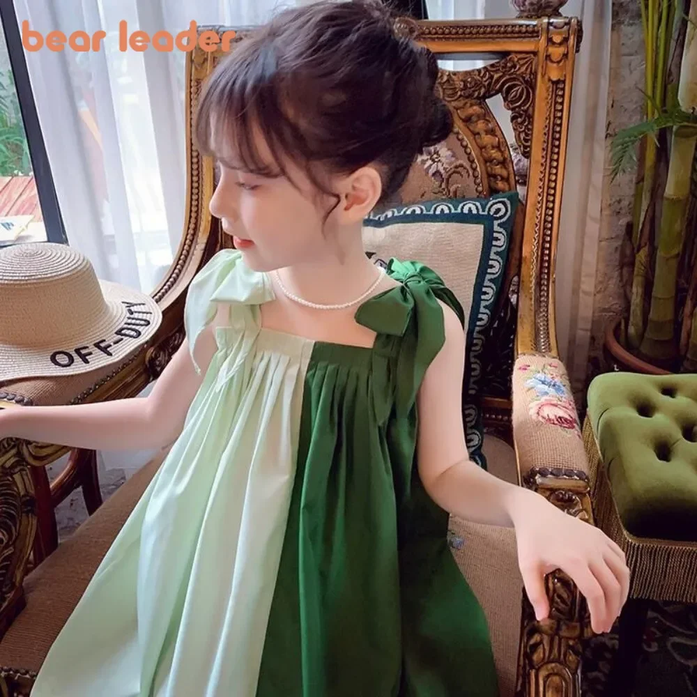 Bear Leader Baby Girls Bow Dresses Summer Patchwork Green Casual Clothing for 3-7 Y Kids Slip Dress Outfits Children\'s Clothes