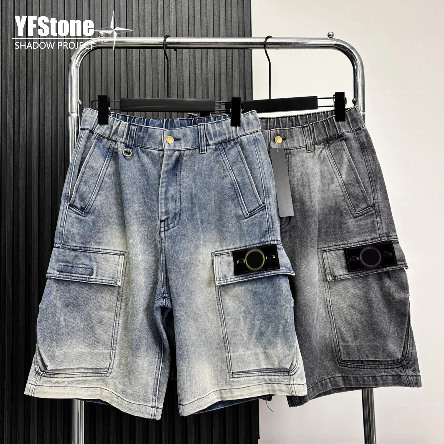 YFSTONE Trendy Stone Jeans Shorts Casual Loose Five-Pocket Workwear Men's Mid-Waist Cotton Denim Shorts Summer Leisure
