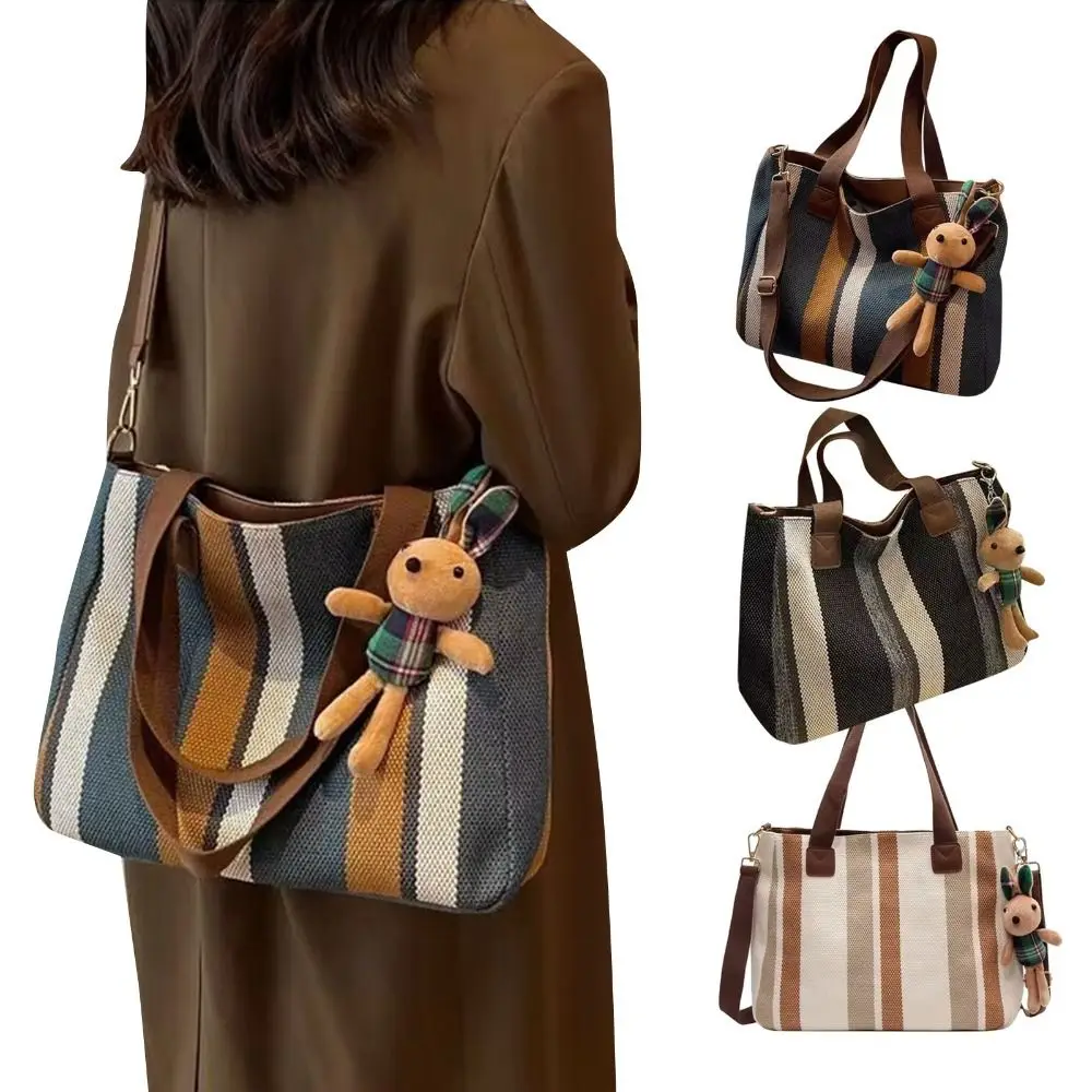 New Cloth Striped Tote Bag Adjustable Large Capacity Shoulder Bag with Rabbit Pendant Detachable Strap Shopper Bag Office view 5