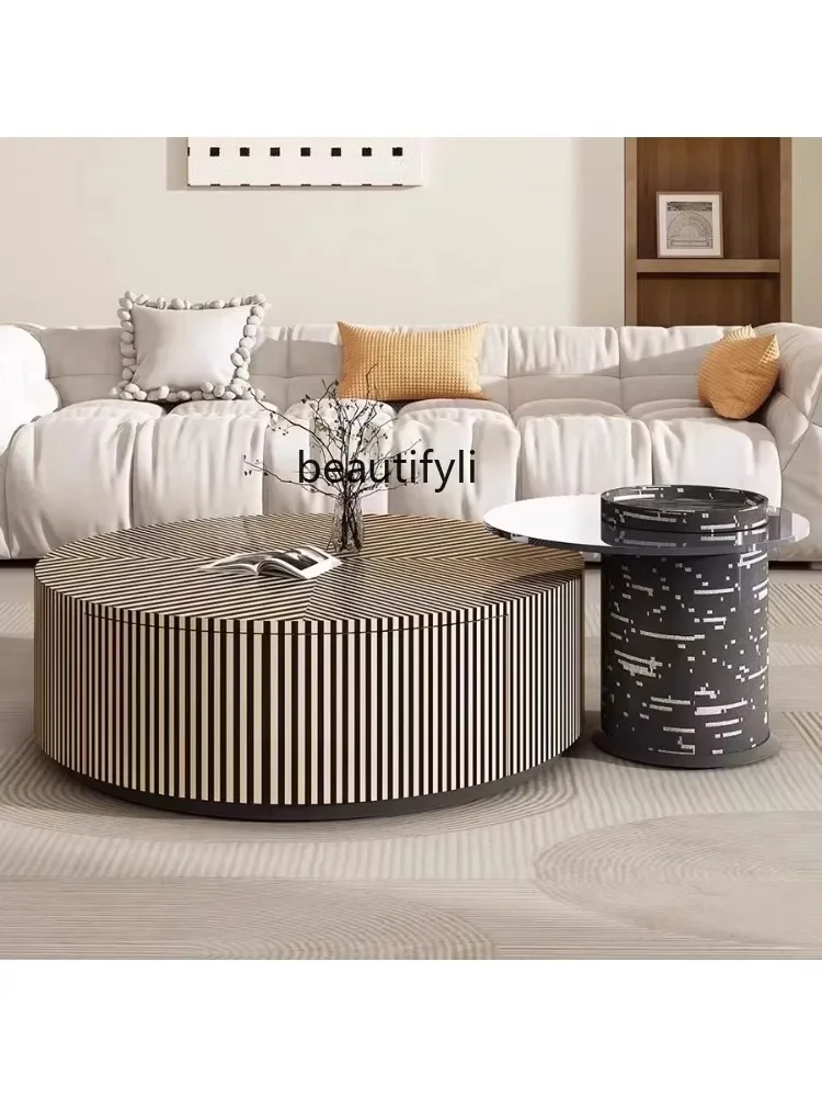 Italian Light Luxury Cream Style Zebra Stripes round Tempered Glass Creative Modern and Simple Living Room Coffee Table