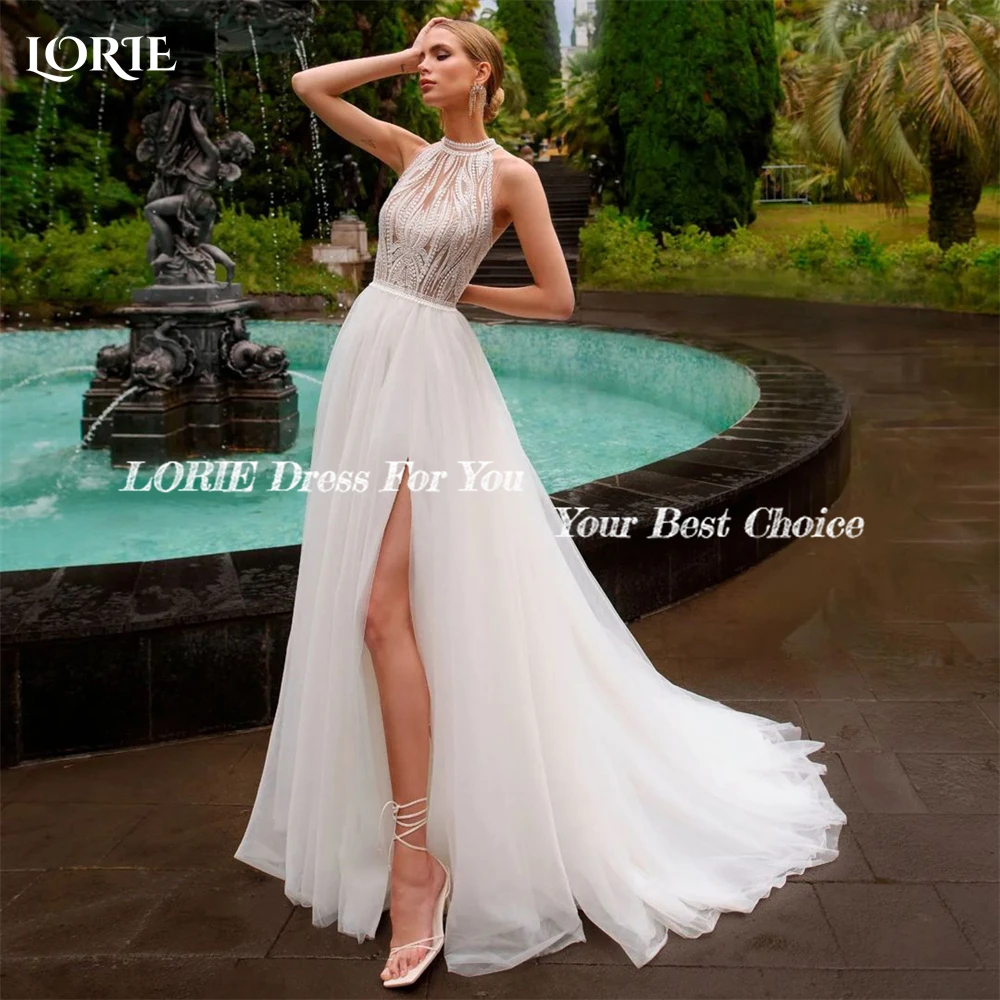 LORIE Vintage Lace Wedding Dresses Sexy Side Slit Halter Appliques A-Line Bridal Gowns Detachable Jacket Princess Bride Dress