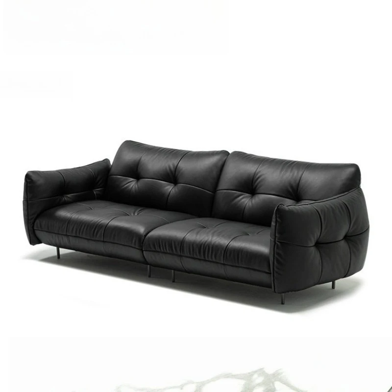 French horizontal hall retro leather sofa, living room three people medieval black leather light luxury