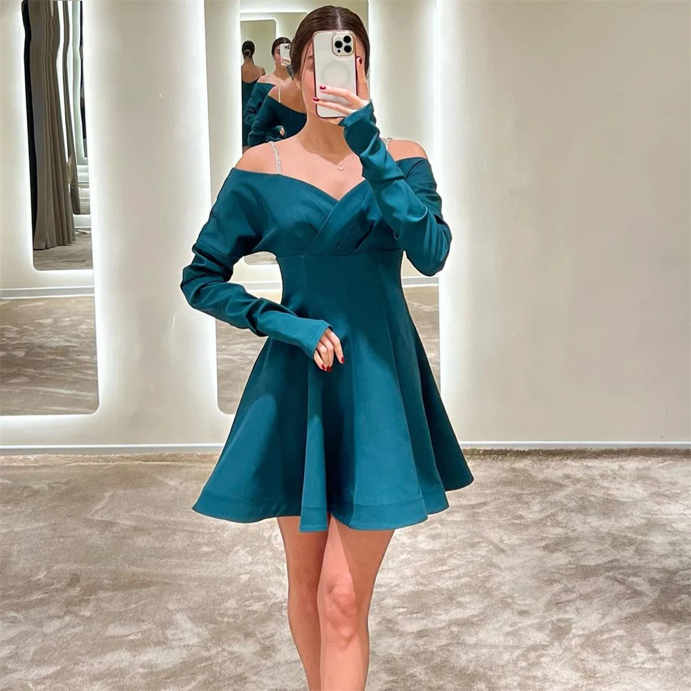 

Furtanseo Short Prom Dresses Sexy V-neck A-line Long Full Sleeves Spaghetti Strap Open Back 2023 New Evening Gown