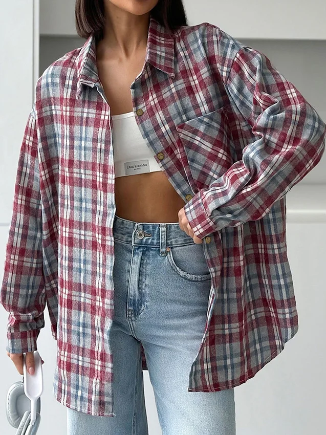 

Women's Plaid Patchwork Long Sve irt Casual Sle id Pattern Splicing Chinese Production Regular Sve Length