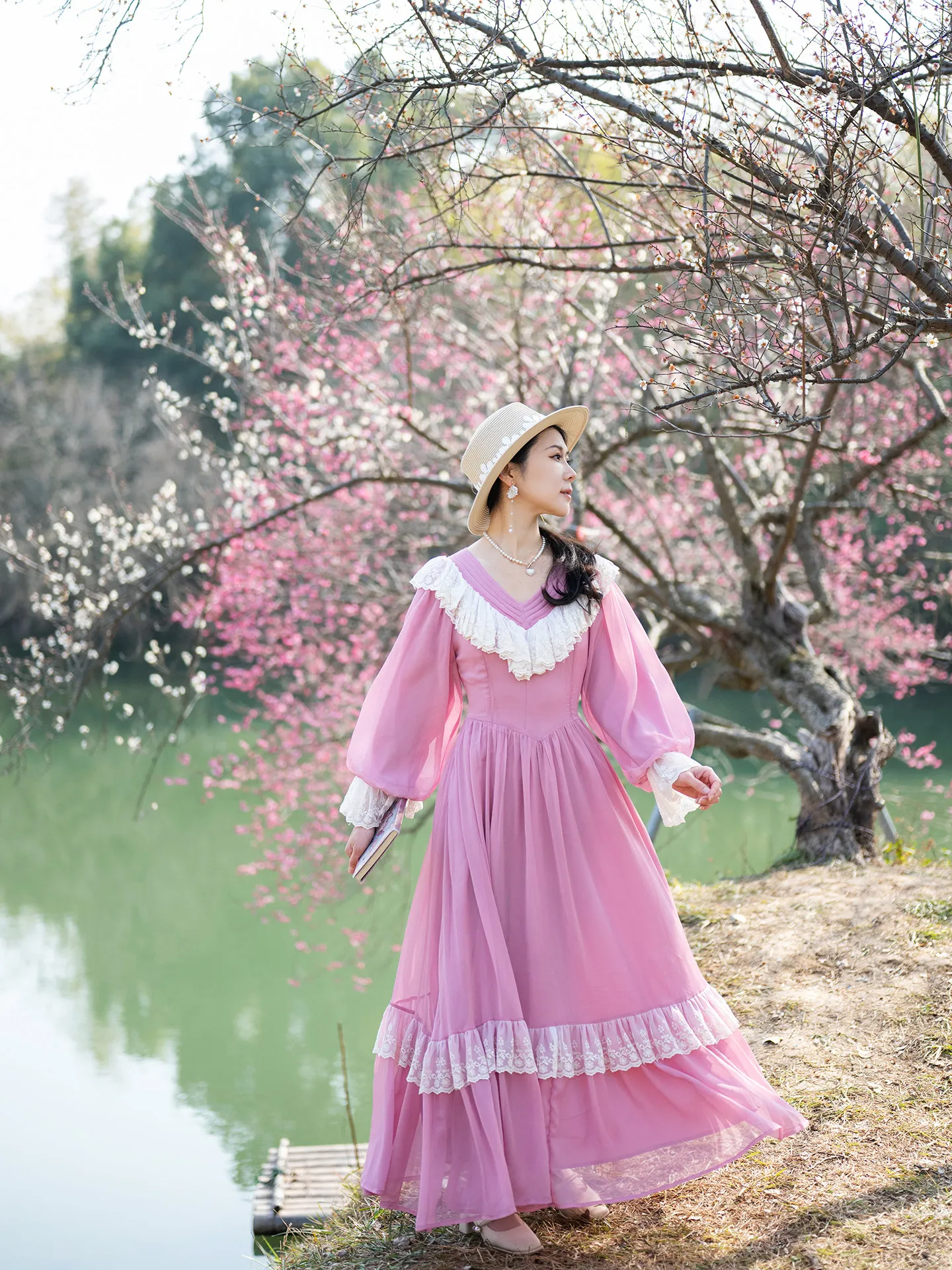 

TIYIHAILEY Womens Summer Spring Full Lantern Sleeve Dresses Pink S-XL Ruffles Chiffon Lace Patchwork 2026 New Fashion V-Neck