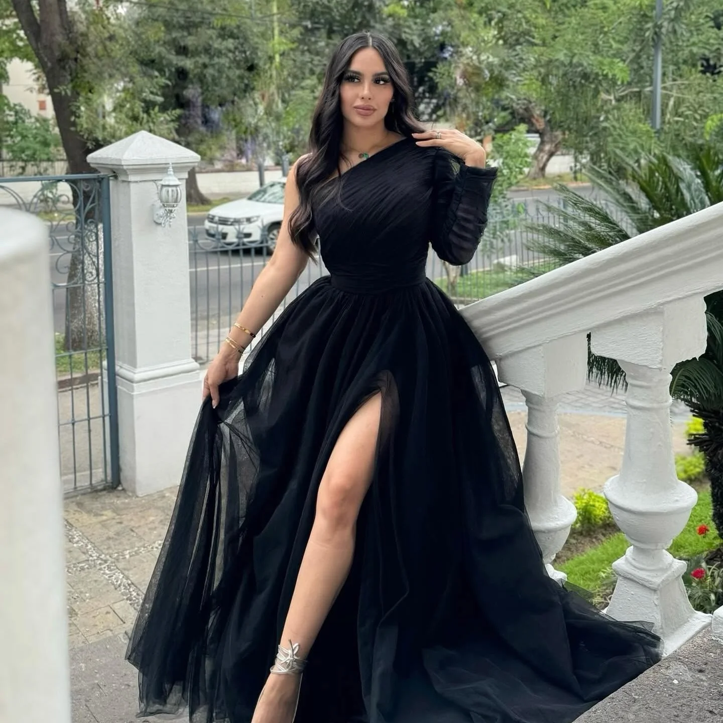 Customized Exquisite Tulle A-Line One Shoulder Evening Dresses Long Sleeves Panel Train Black Bespoke Occasion Gowns Formal