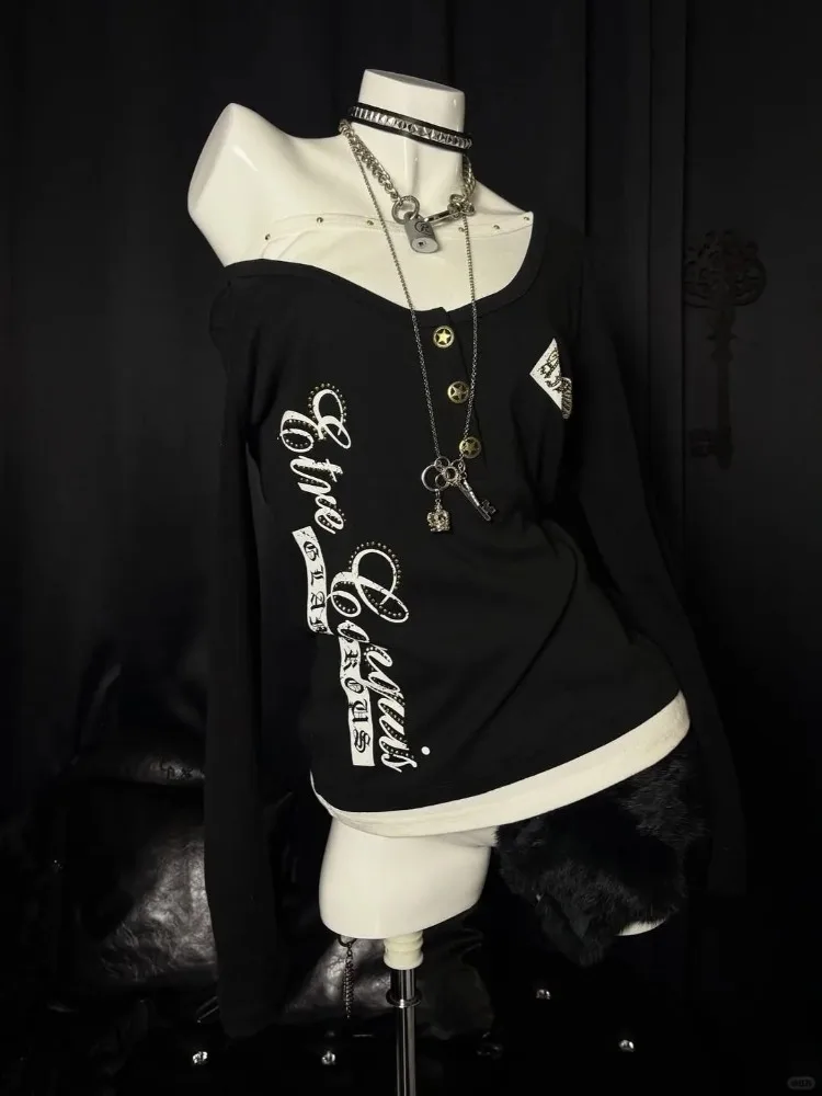 

2000s Subculture Y2k Millennial Tees Women Black Vintage Long-sleeved T-shirt Female Autumn Korea Chic Casual Base Buttons Tops