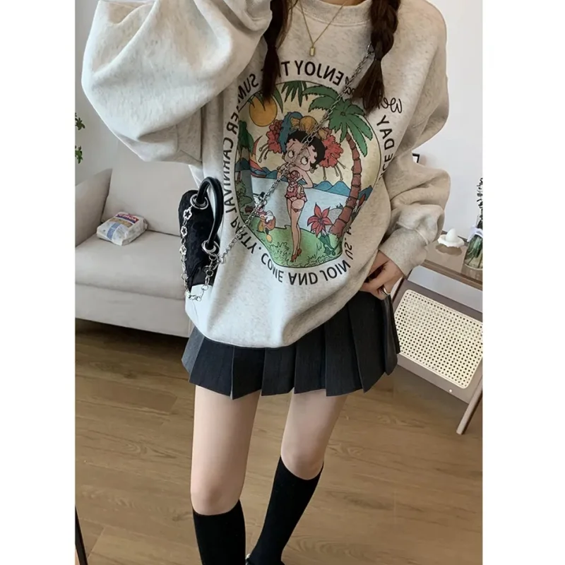 White Grey Retro Print American Cartoon Letter Cute Sweatshirt New Autumn Winter Baggy Pullover Girls\' Feeling Round Neck Top