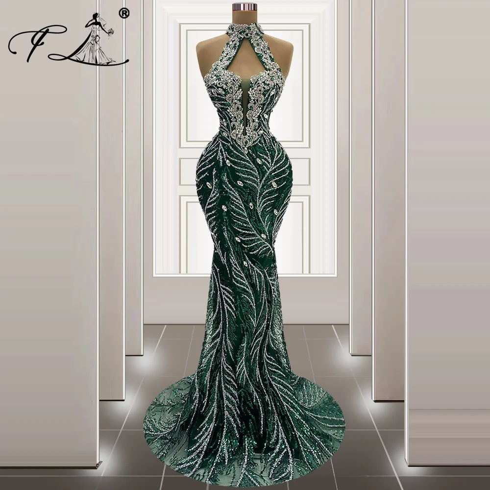 Floria Mermaid Halter Neck Tulle Sexy Evening Dress with Beaded Crystal For Women Formal Prom Graduation Party Gowns Customized