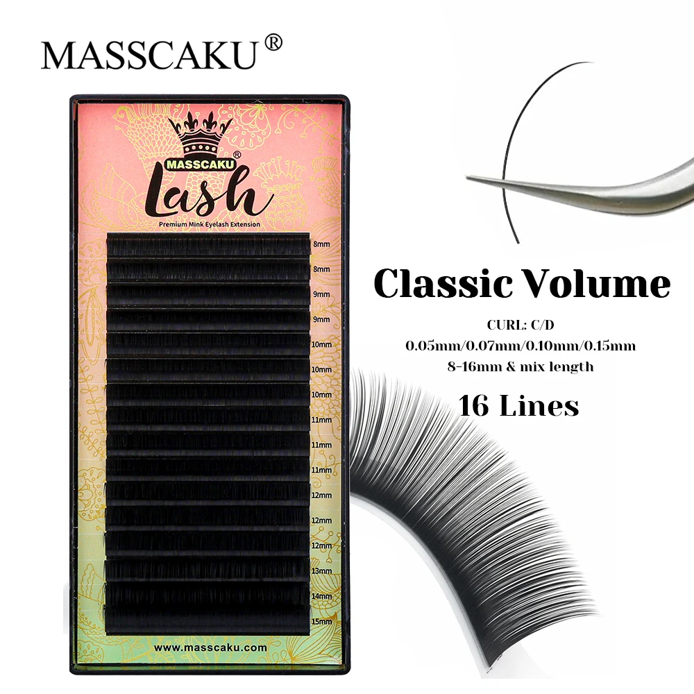 MASSCAKU 16 Lines Waterproof Classic Regular Eyelash C D Curl Natural Fast Grafting Russian Volume Eyelashes Easy to Operate