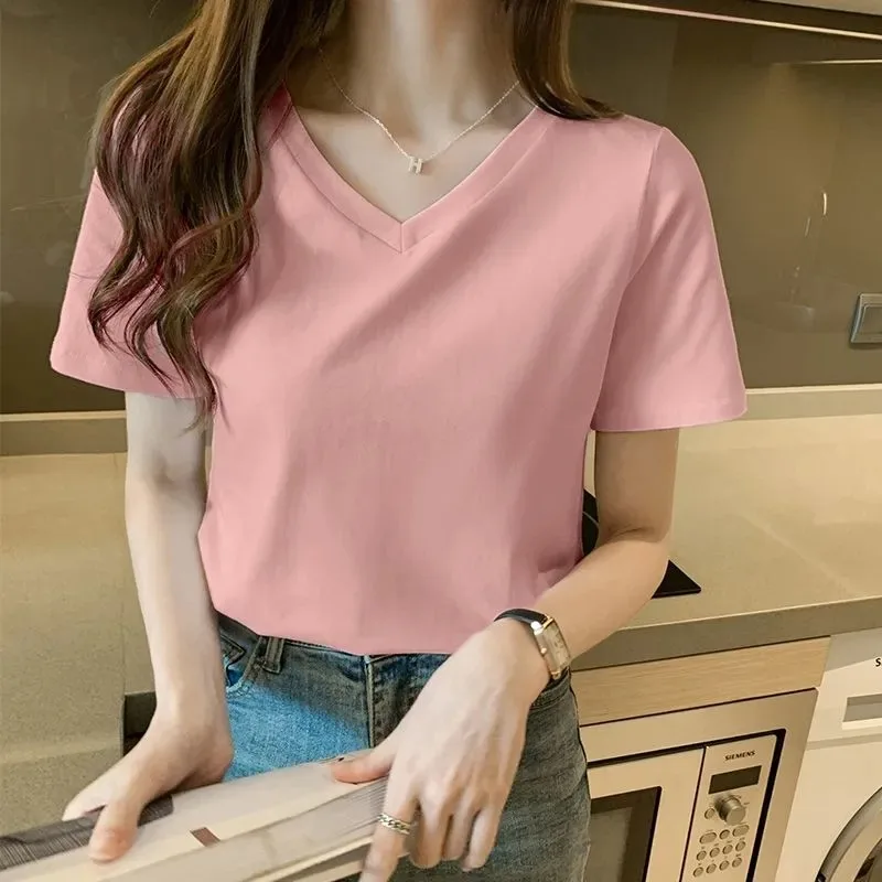 Women Cotton V Neck Pack Summer Short Sleeve Solid Color Casual Basic Tops