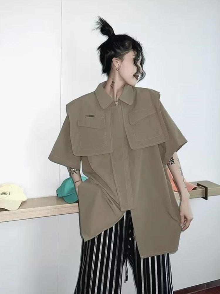 Women Shirts Summer Streetwear Breathable Stylish Aesthetic Pockets Baggy Gothic Short Sleeve  Boyfriend Techwear Cozy