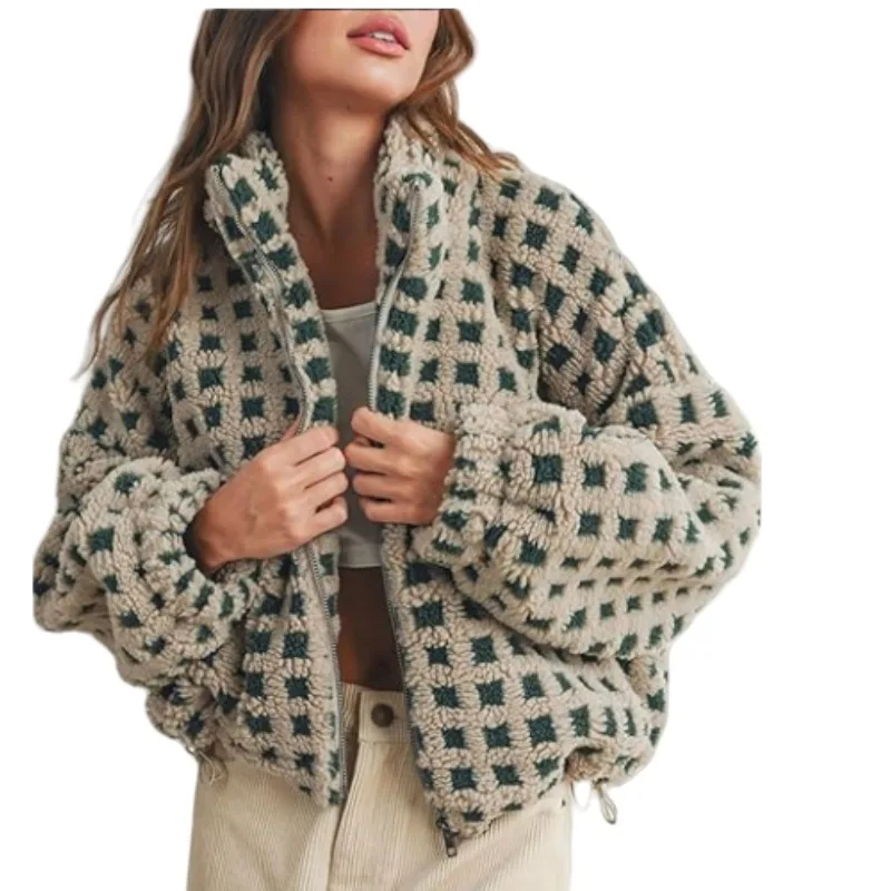 Womens Cute Sherpa Fleece Jacket Fuzzy Zip Up Checkered Cropped Going Out Jacket Teddy Fluffy Casual Y2K Outerwear