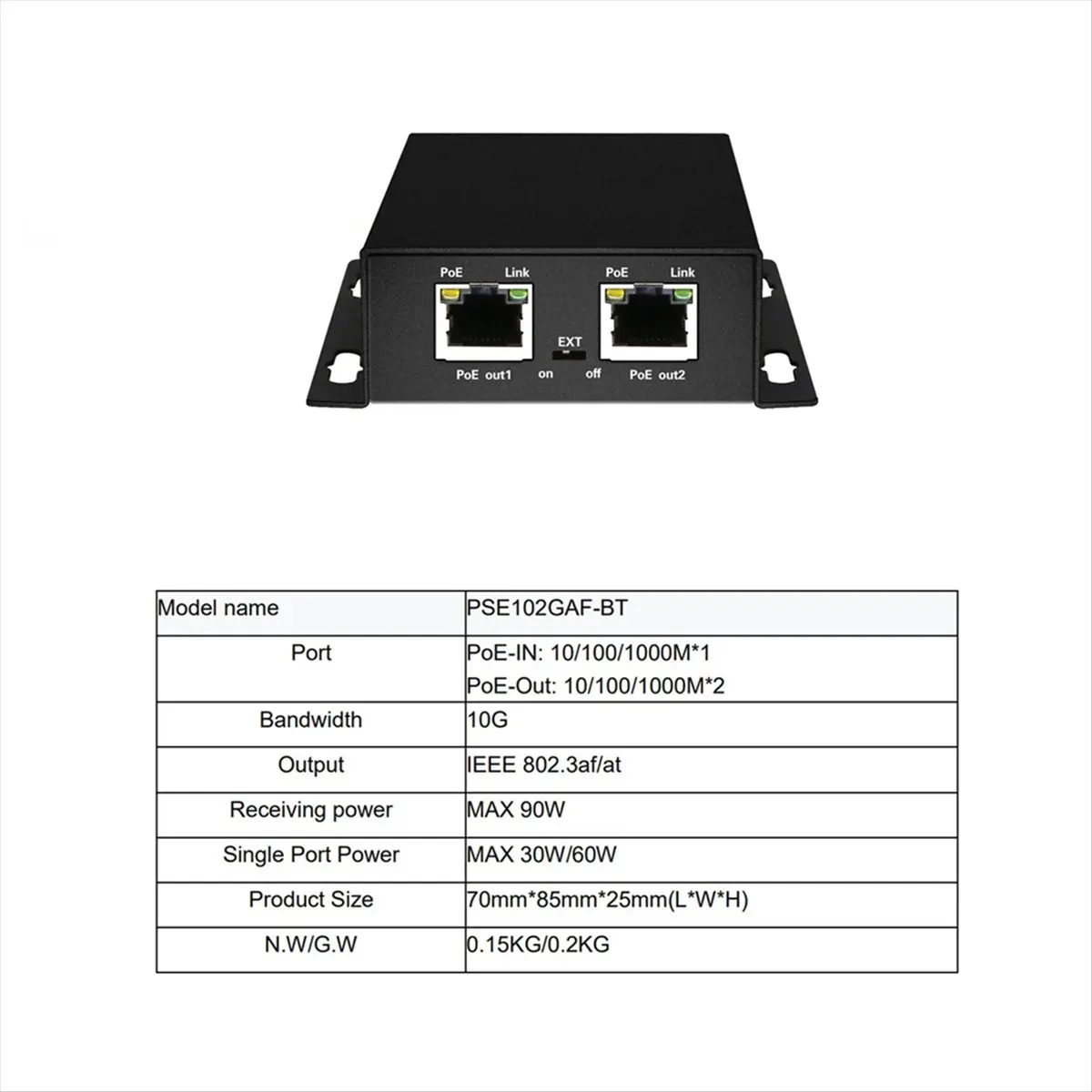 T871C Tools-IEEE 802.3af/At POE Extender 1 Input 2 Output 2 Ports POE Extender&Injector 10/100/1000Mbps VLAN Max250m 90W