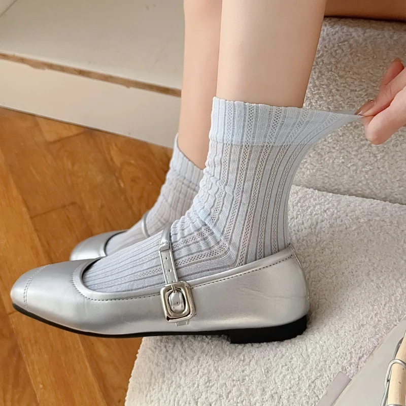 Korean Style Women Socks Summer Cotton Thin Breathable Middle Tube Socks Solid Color White Gray Pink Blue Yellow Long Socks Sox image 3