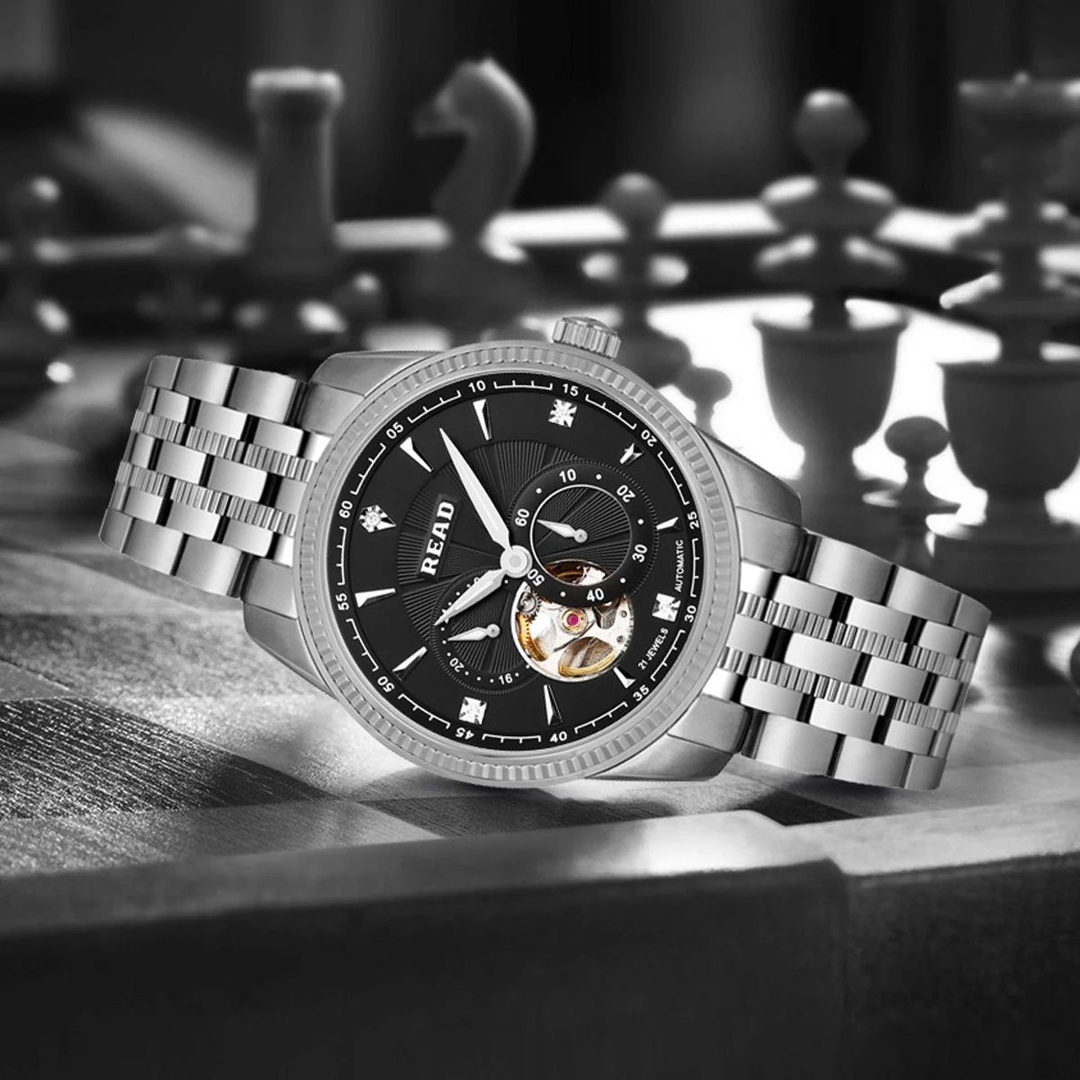 READ Men Automatic Watch | Solid Steel Band & Case | Black Skeleton Dial | Sapphire Glass | 50M Water Resistant