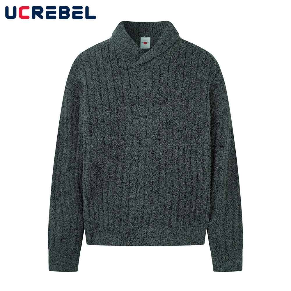 

Lapel Knitted Sweater Mens Autumn Solid Color Winter Retro High Street Loose Long Sleeve Pullover Man