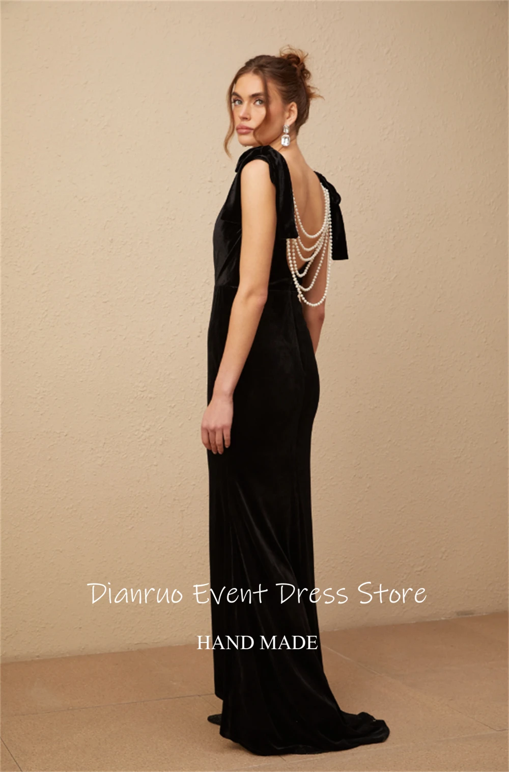 Dianruo Vintage Backless V Neck Evening Dress Back Pearls Maxi Vestidos De Fiesta Black Velvet Abiti Da Cerimonia Customized #6