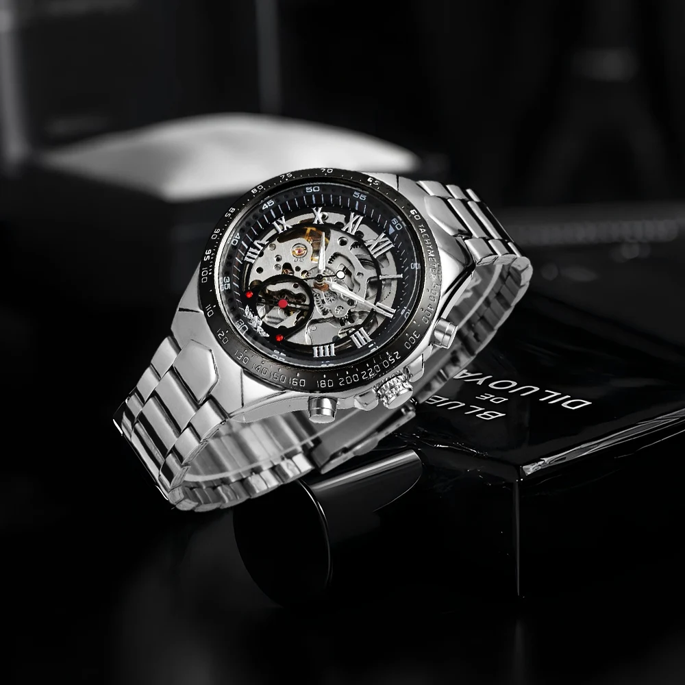 T-WINNER Business Men's Automatic Skeleton Mechanical Watch Stainless Steel Retro Silvery Black Hollow Dial Man Sport Wristwatch