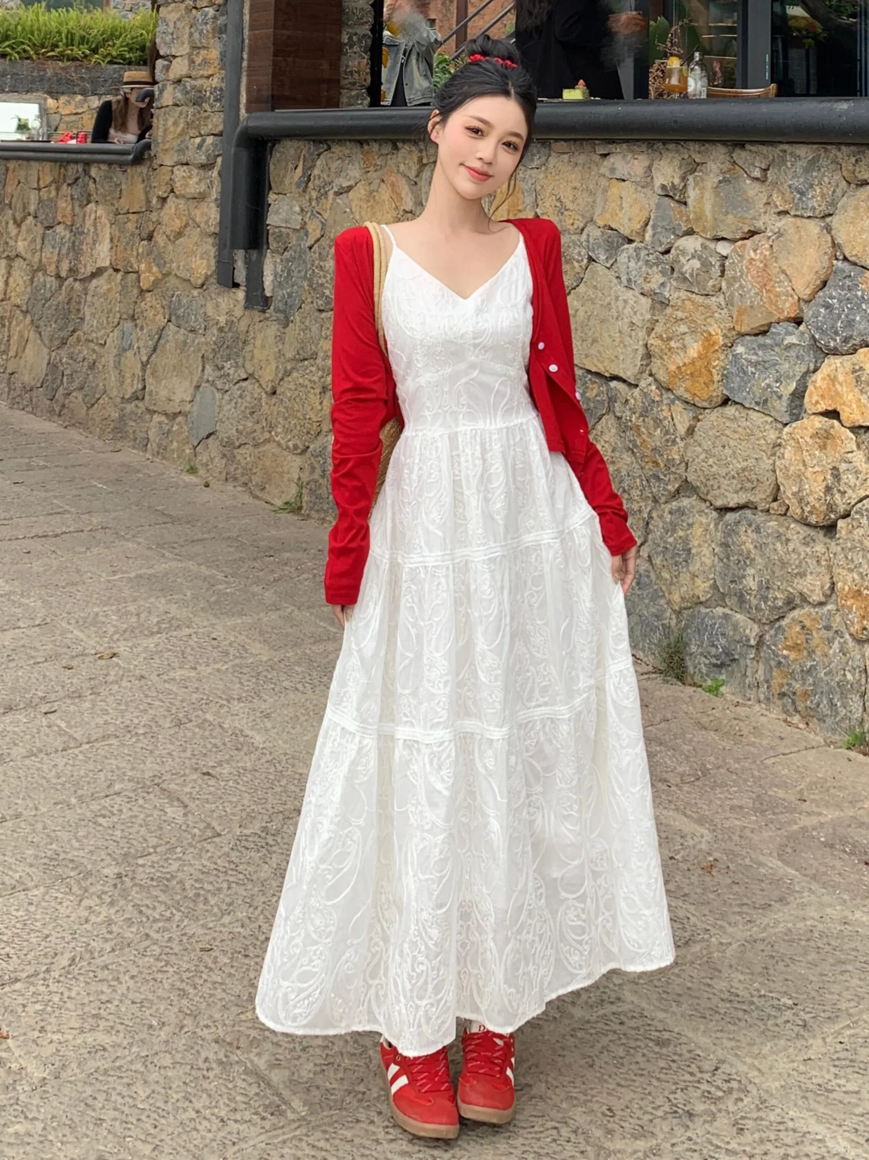 

plus Size Summer Spring New Style Sun Protection Lace Trim Cardigan Outerwear White V Neck Dress And Strap Top Bottom Set