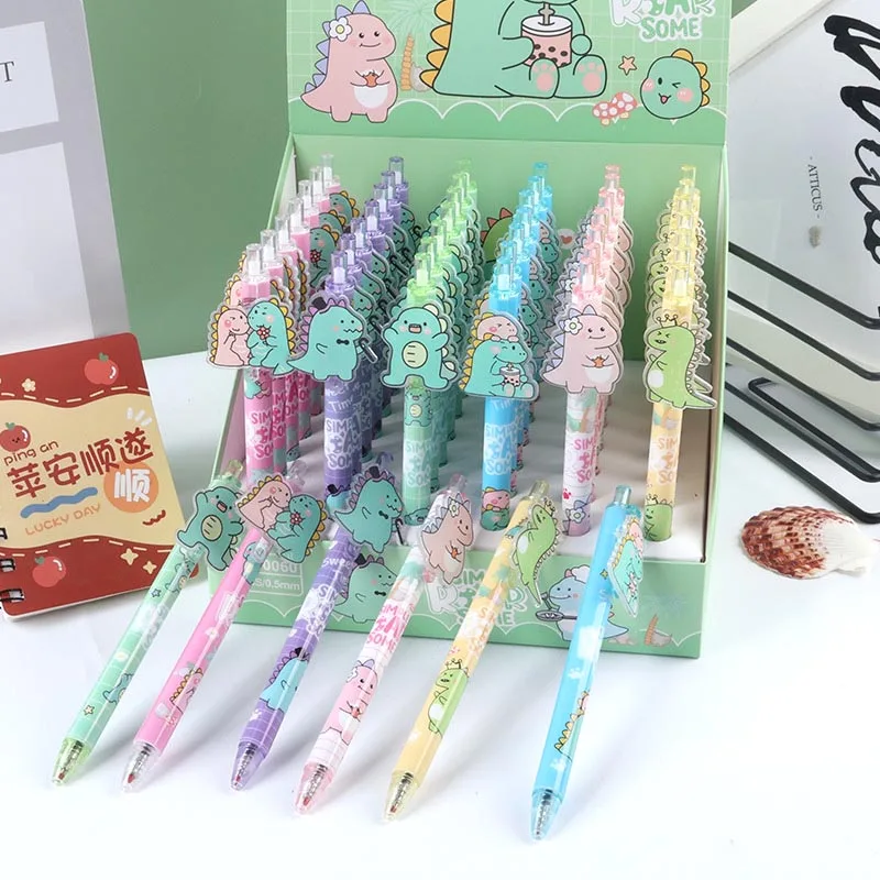 48pcs/lot Cartoon Dinosaur Press Gel Pens For Writing Kawaii Animal 0.5mm Black Ink Signature Pen Kids Gift School Supplies